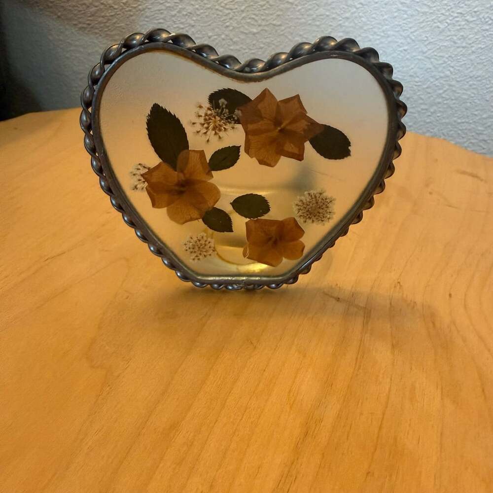 Vintage Pressed Flowers Resin Pewter Heart Votive Candle Holder